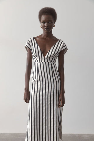 Origami Dress Ivory & Black Stripe