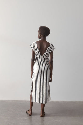Origami Dress Ivory & Black Stripe